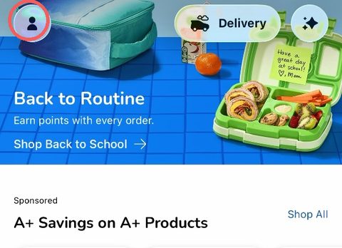 Kroger app home screen with the account icon highlighted