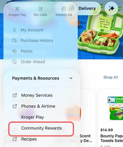 Kroger menu with Payments and Resources expanded and Community Rewards highlighted