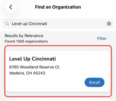 Search results showing Level Up Cincinnati, Madeira OH, with the Enroll button