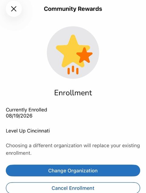 Community Rewards screen showing Currently Enrolled, Level Up Cincinnati